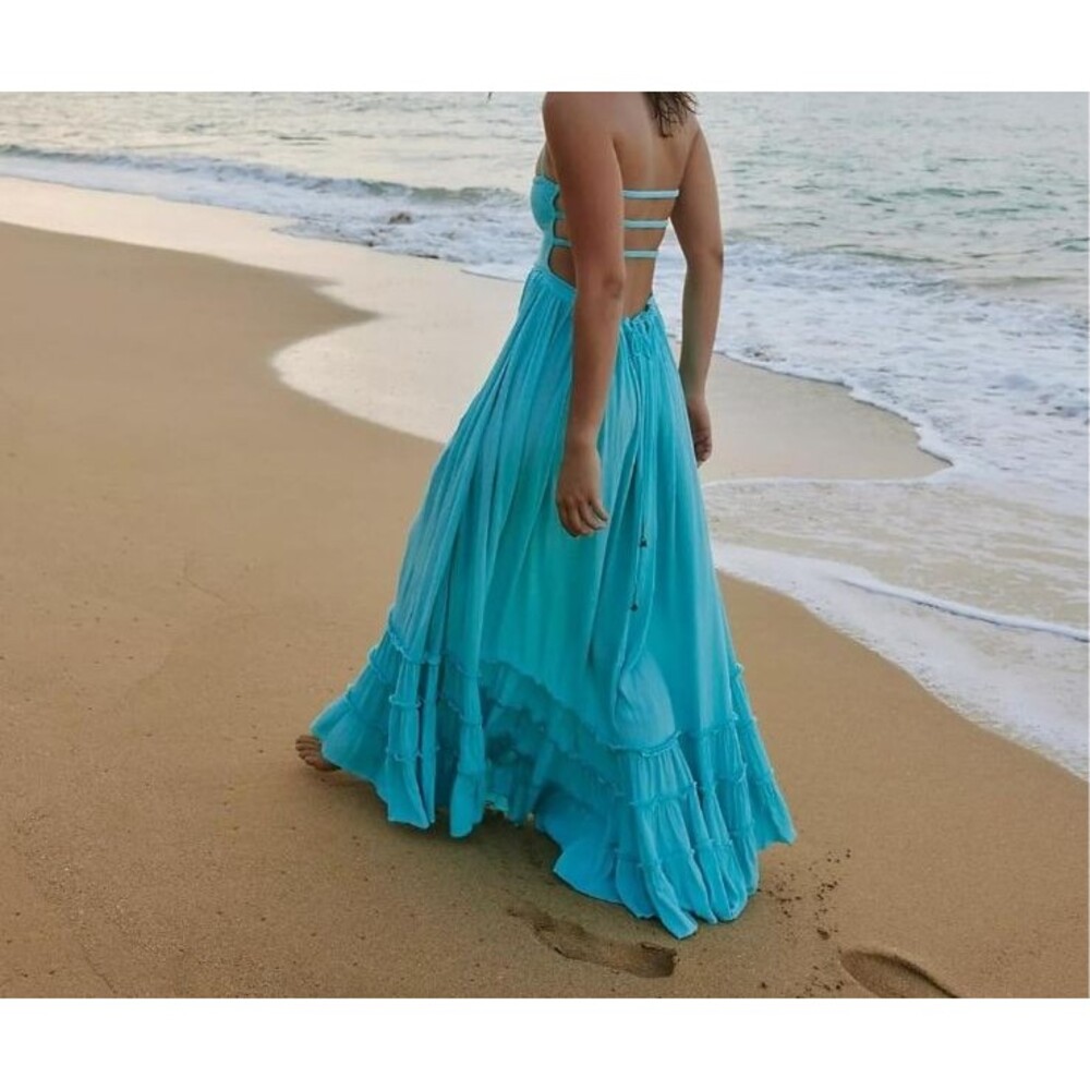 R VIVIMOS Tiered Maxi Dress Backless Smocked Large Resort Goddess Boho Vacation